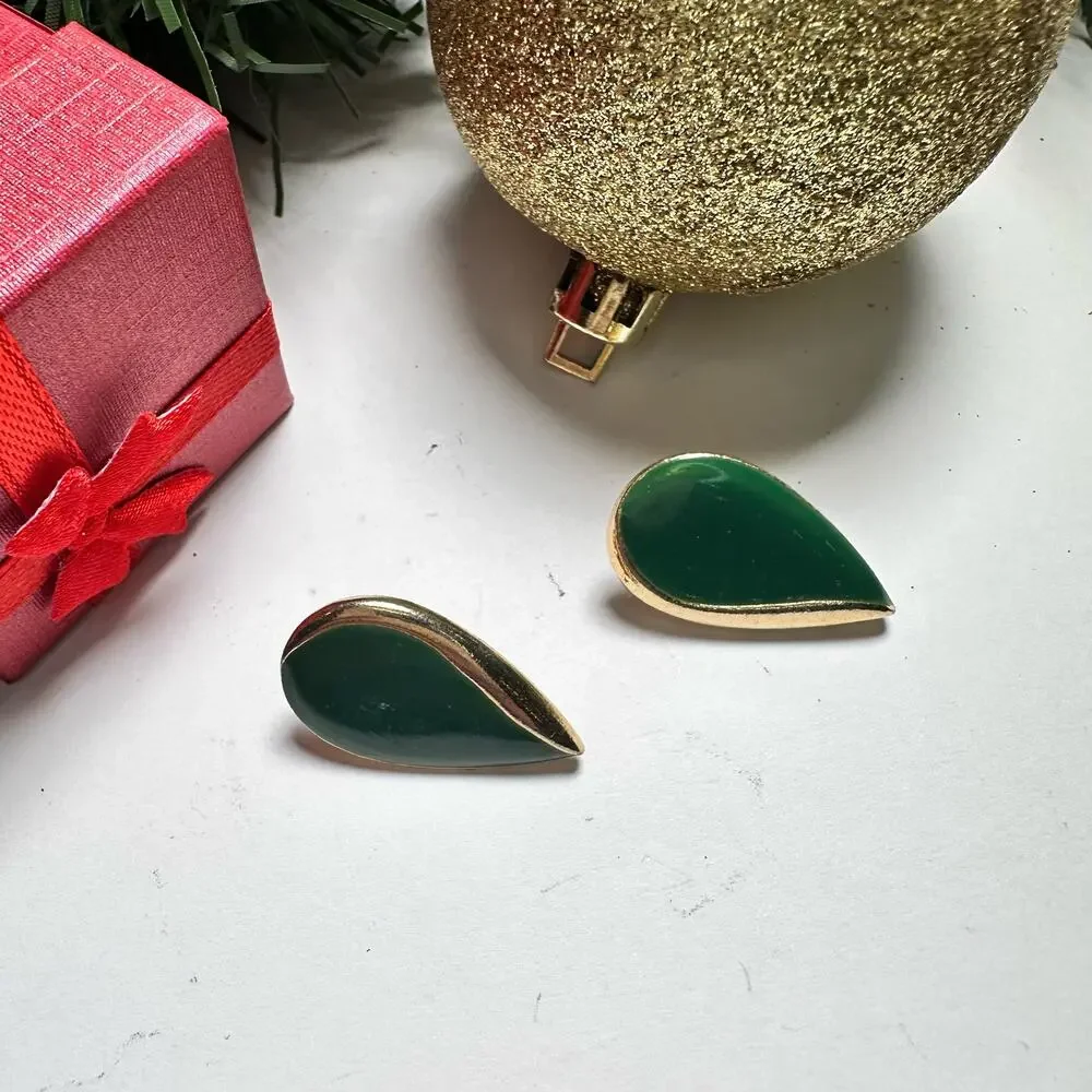 Gold green drop stud earrings